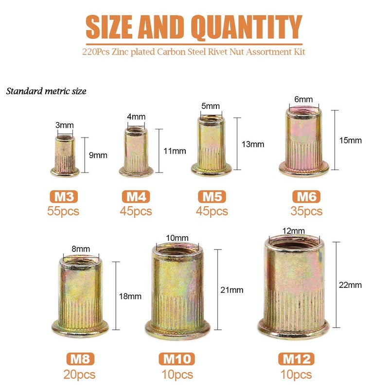Keadic 220Pcs Metric Zinc Plated Carbon Steel Rivet Nut Flat Head Threaded Insert Nutsert Assortment Kit - 7 Sizesï¼šM3 M4 M5 M6 M8 M10 M12 - Image 2